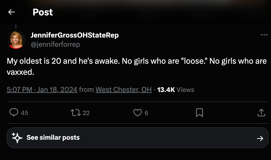 Ohio State Representative Jennifer Gross, who recently claimed her son avoids vaccinated women, a stance consistent with her anti-vaccination rhetoric, as reported by Heartland Signal.